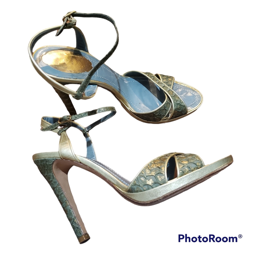Rene Caovilla heel sandals Size 40 us 9.5 snake print green and gold
